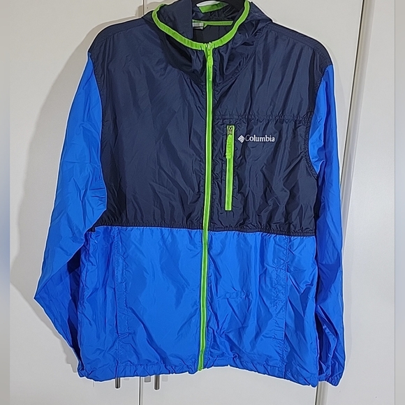 Columbia Windbreaker Men’s Med Hooded Rain Jacket Blue Colorblock W/ Lime Green - Picture 1 of 7
